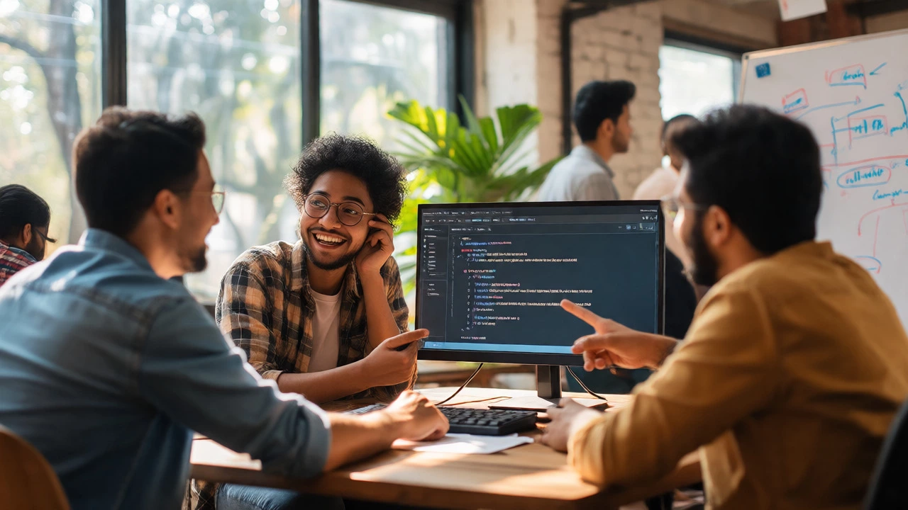 Developers pair programming happily in a sunny co-working space