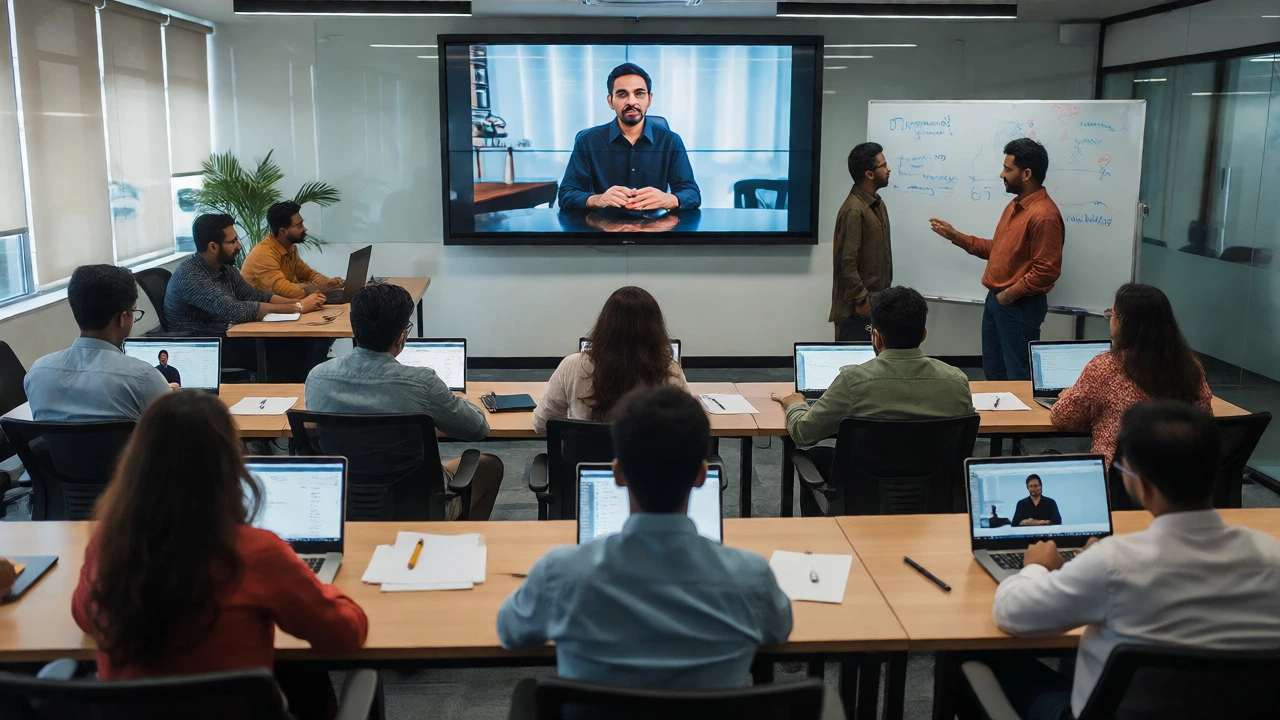Employees in a hybrid office setting balancing individual laptop learning with group discussion.
