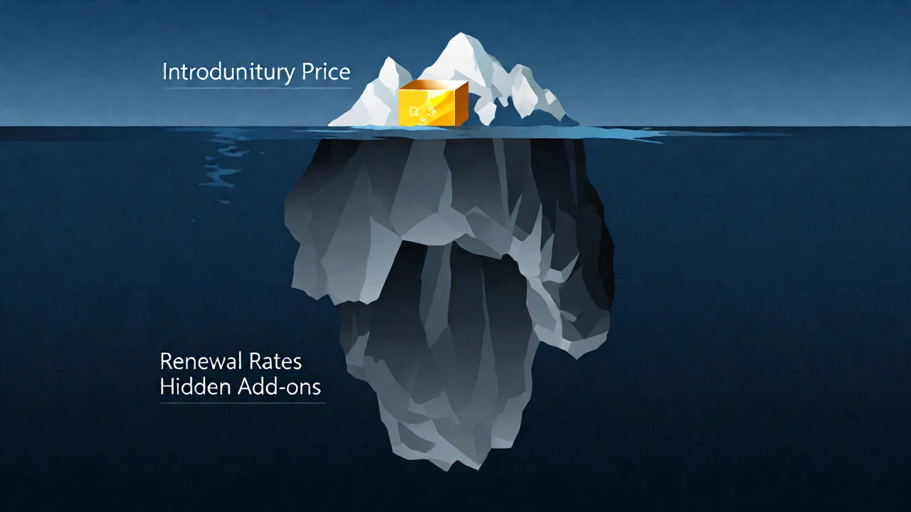 Iceberg metaphor showing small introductory price above water and large renewal costs below.