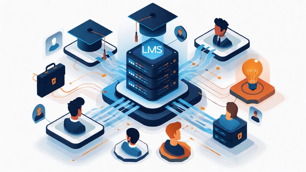 Isometric diagram showing connections between LMS hubs, learners, and content types.