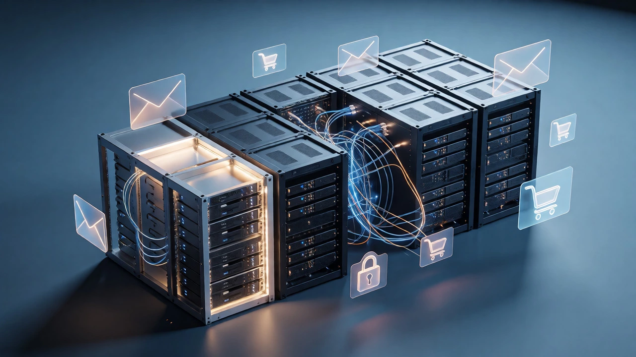 Isometric server racks with floating icons for email and SSL, illustrating hosting add-ons.