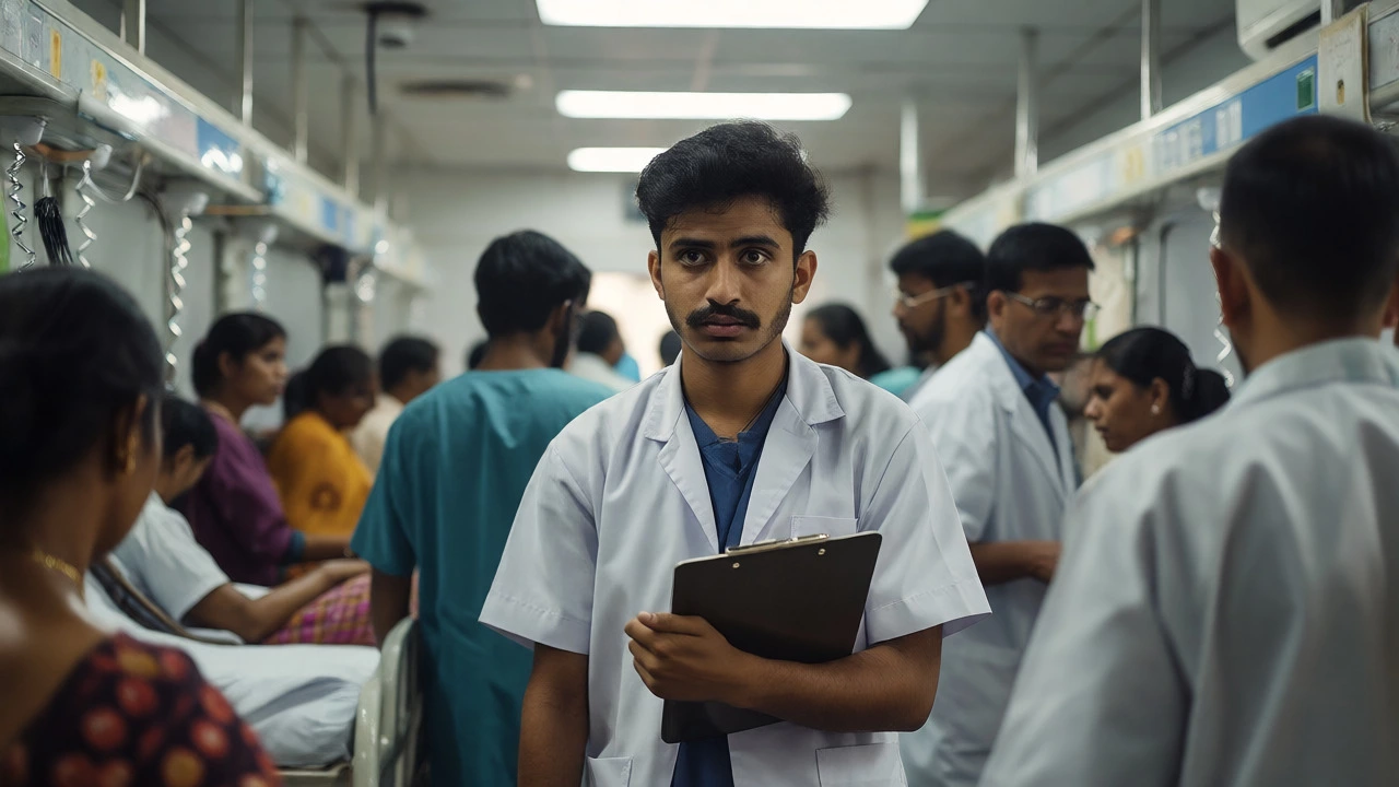 Medical student overwhelmed during intense clinical rounds in a hospital ward