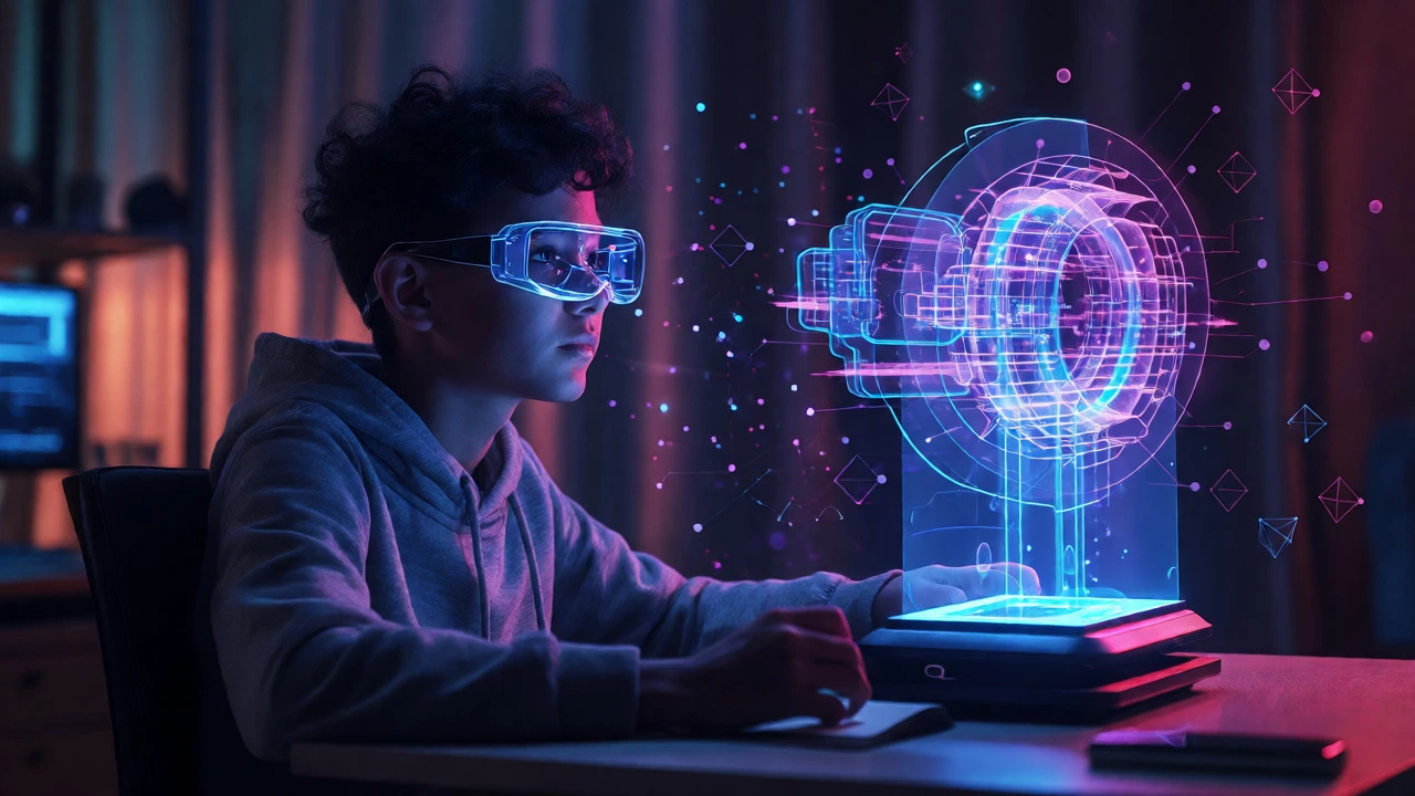Student interacting with holographic AI-adaptive learning content via AR glasses.