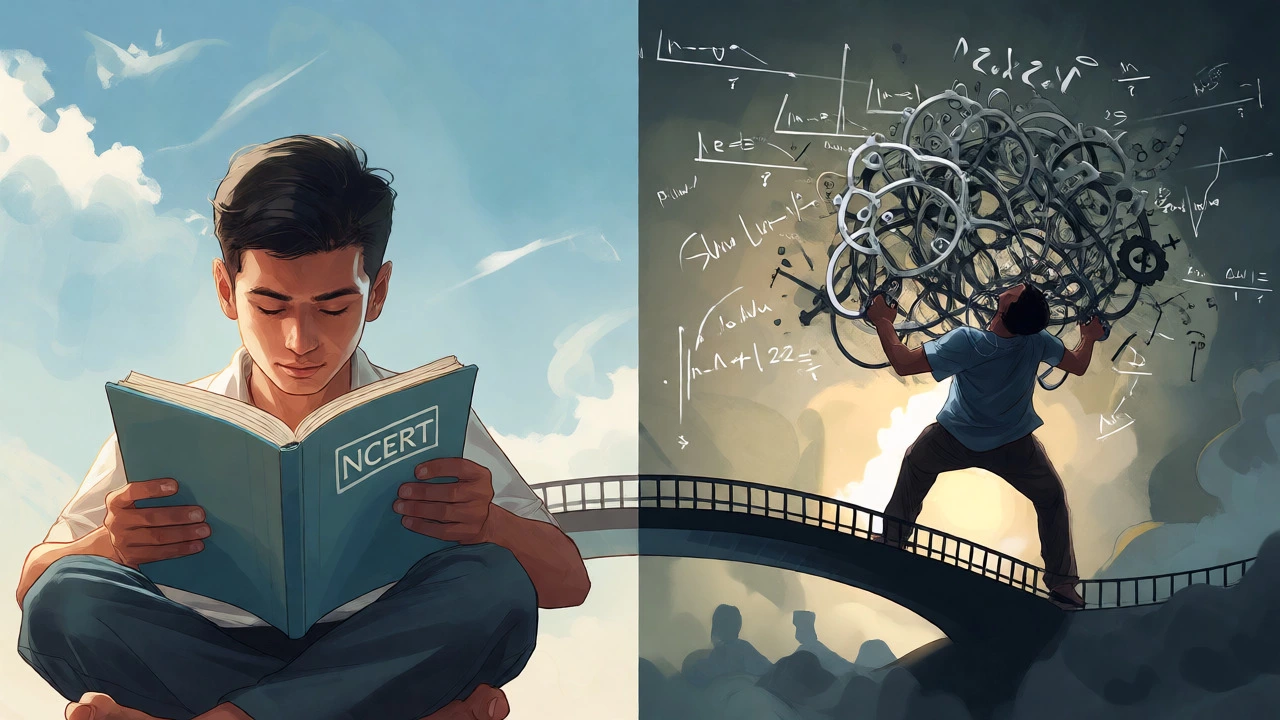 Visual metaphor comparing NCERT simplicity with DC Pandey complexity